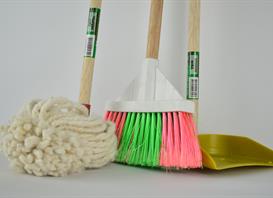 A mop, broom and dustpan