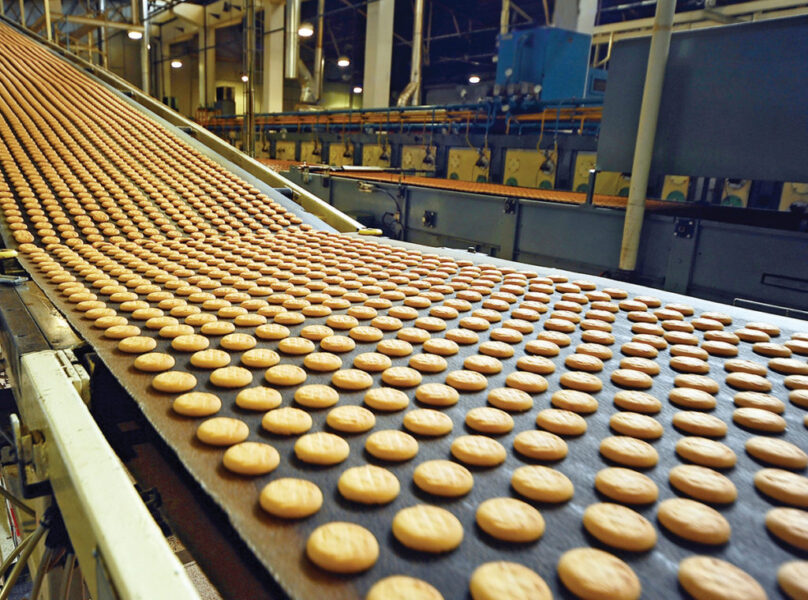 cookies on industrial conveyer belt