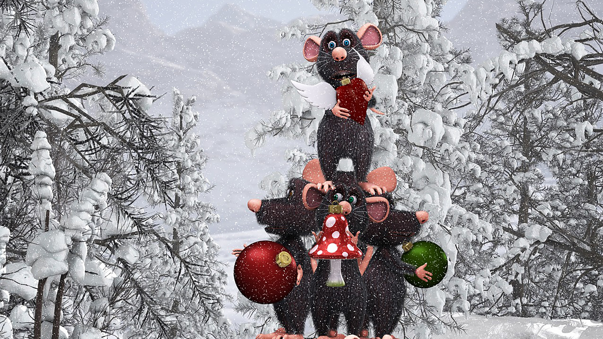 Cartoon mice stacked like a Christmas tree and holding ornaments