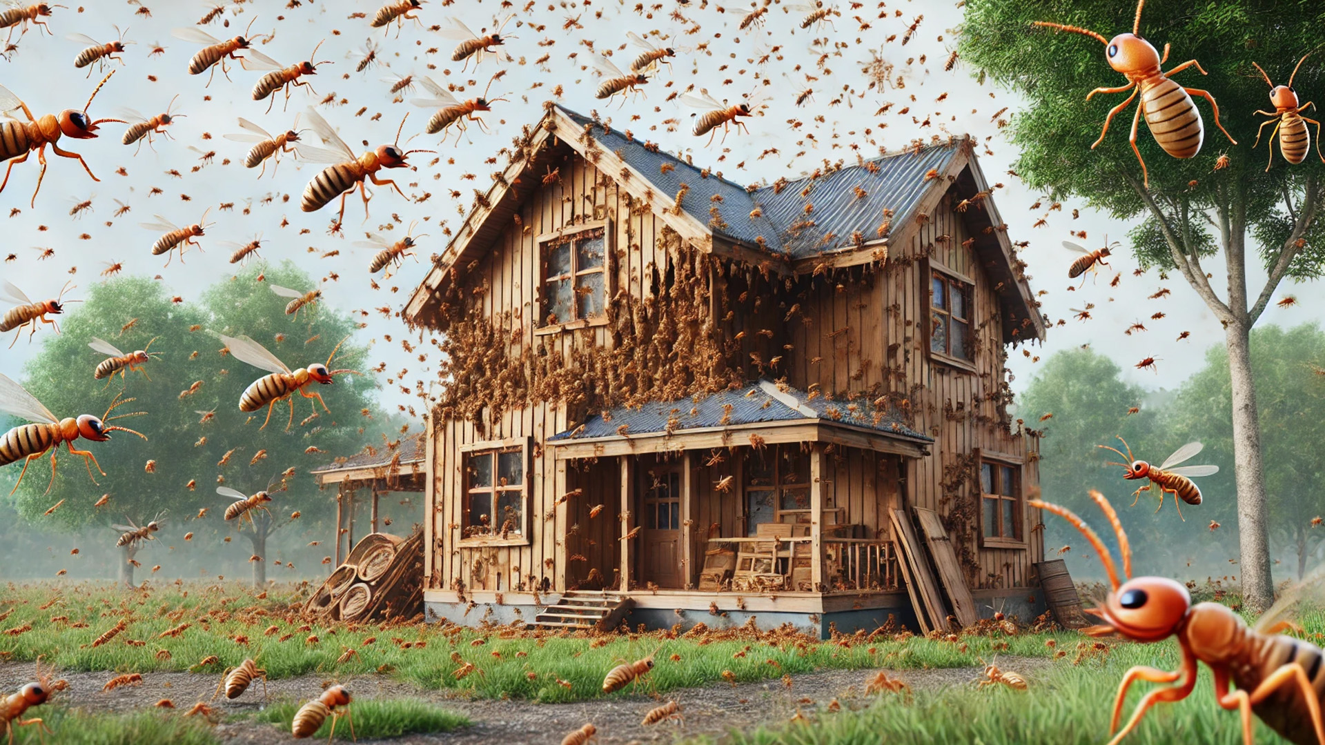 Cartoon illustration of a termite swarm descending on a house