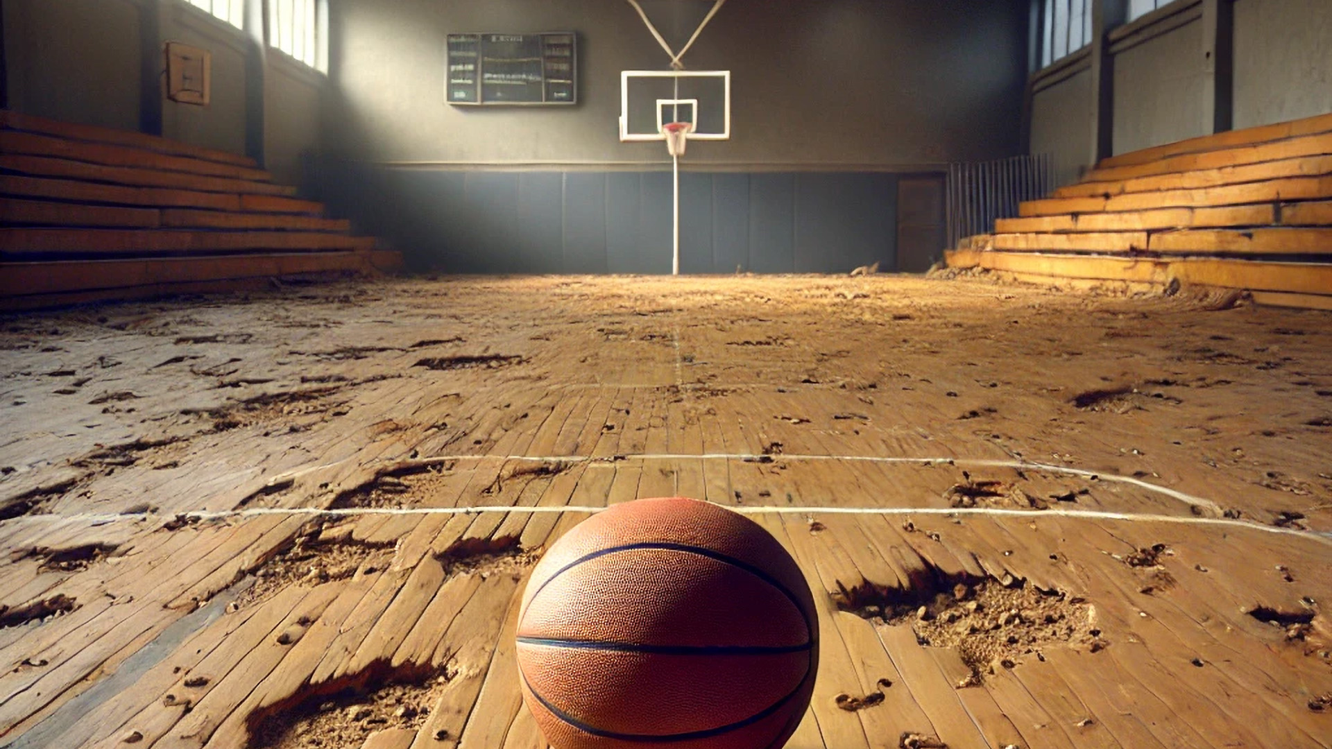 AI-generated image of an indoor basketball court with termite damage