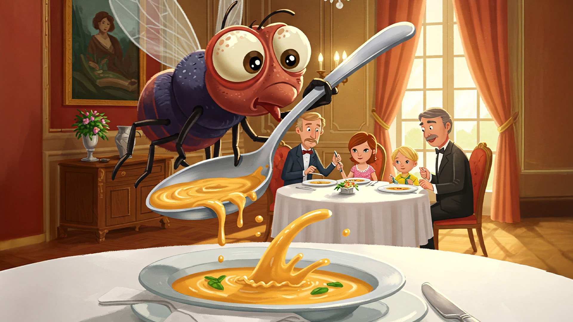 Cartoon depiction of a fly in someone’s soup