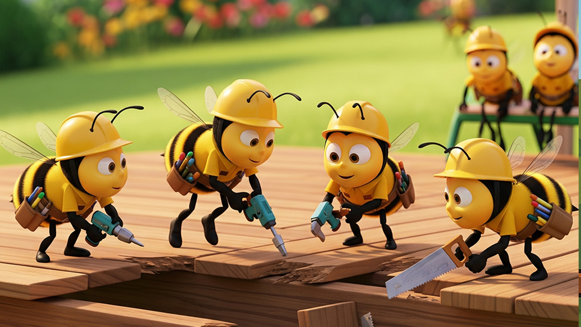 Cartoon carpenter bees in hard hats drilling into a deck