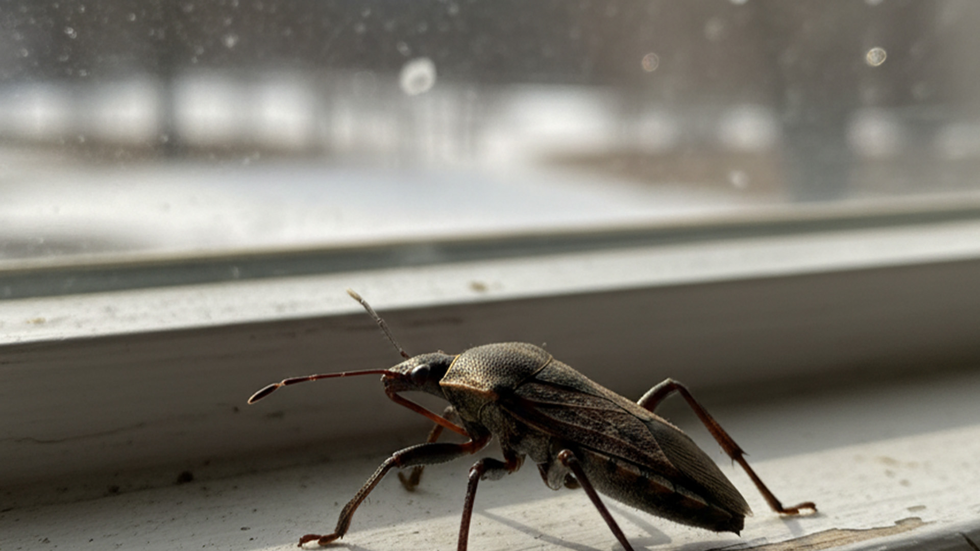 an insect on a windowsill looking outside