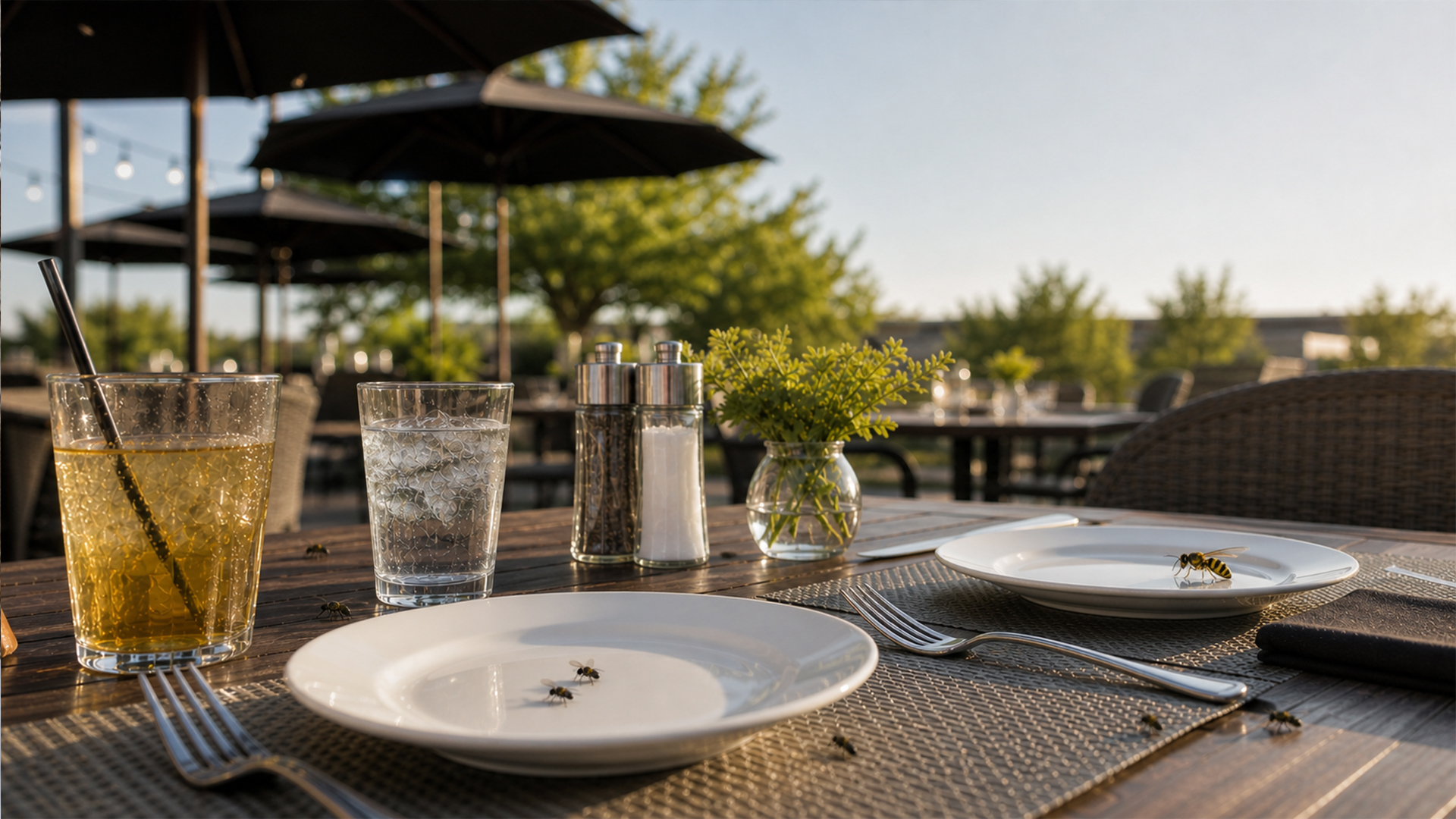 restaurant patio with flies on plates